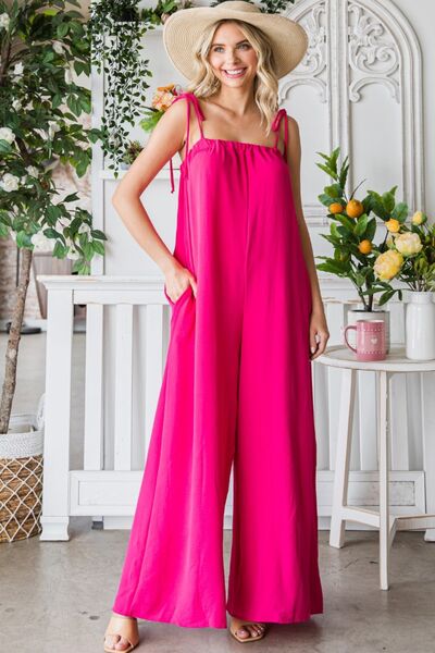 VEVERET Pocketed Spaghetti Strap Wide Leg Jumpsuit